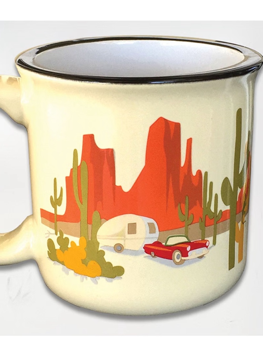 Retro Desert Camper Ceramic Mug in Cream with Red Accents